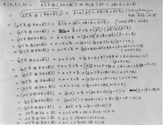 1 1 FCA, B, C, D) - ACDO CAB + BC) + ACD (BC + ABCD +ĀCD) = ATO A CAB + Bc) + ACD ( BC + AB (B +ĀCD) (Using IMorgan Rule A+B