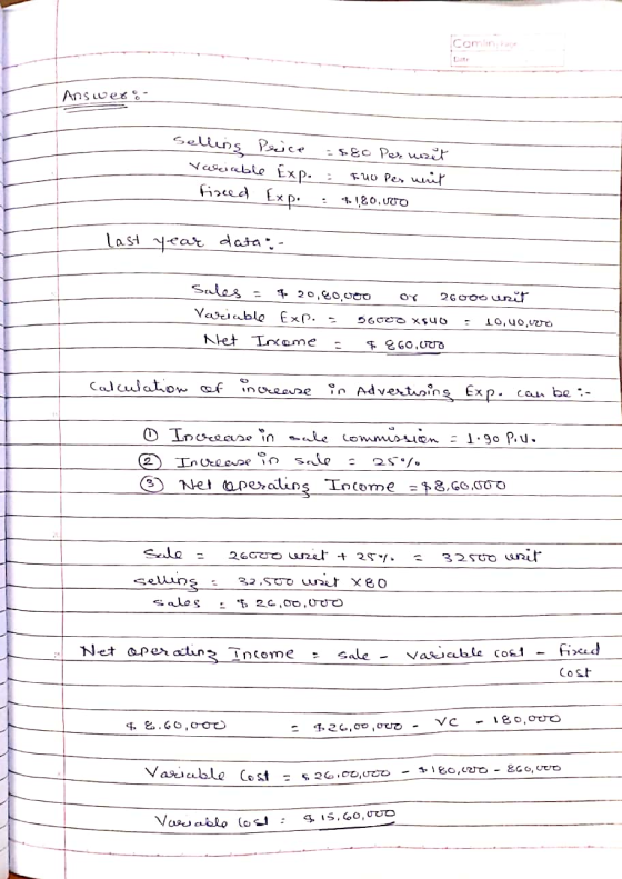 Answers Selling Price : seo Permaet VWciable Exp. : Fuo per unit finced Exp. +.180.100 last year data u Sales = $ 20,60.coo o