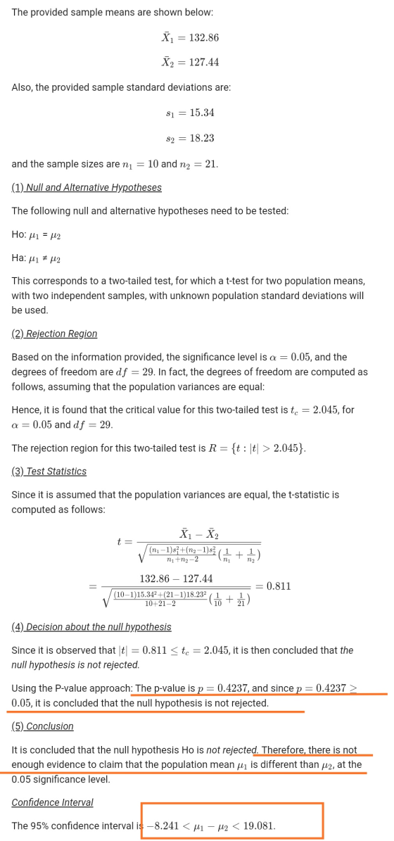 The provided sample means are shown below: X1 = 132.86 X2 = 127.44 Also, the provided sample standard deviations are: $1 = 15