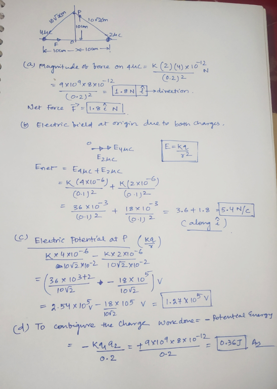 108am 126m 10 um k loom - loom ! (as Magnitude of force on AMC=k(2) (4) x 1072 =9x109x8x10 12 (0.2)2 (0.212 = 11.8N H > direc