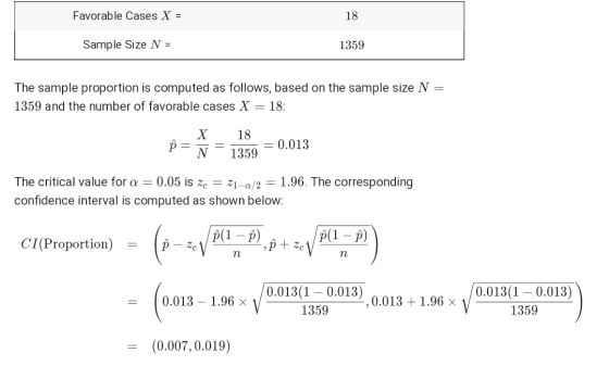 Favorable Cases X = 18 Sample Size N = 1359 The sample proportion is computed as follows, based on the sample size N = 1359 a