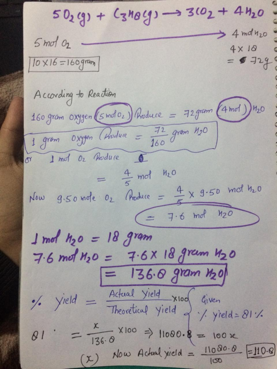 502(g) + (zhelg, 5 mol O2 | 10 X16 = 160 gram 3102 + 4H20 4 molho 4x 18 = 9329 According to Reaction 160 gram oxygen (5 mol O