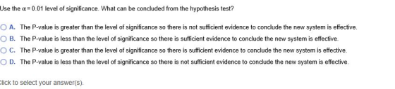 Use the a 0.01 level of significance. What can be concluded from the hypothesis test? O A. The P-value is greater than the le