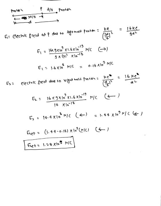 Proton P dla proton 3414 ke = loke ga? Ef electric field at p due to left moct proton a Ceremony -19 NIC ) Ei= 16x9x108x1.6x1