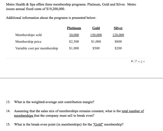 Metro Health & Spa offers three membership programs: Platinum, Gold and Silver. Metro incurs annual fixed costs of $19,200,00