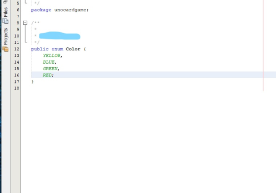Files 4 package unocardgame; Projects public enum Color { YELLOW, BLUE, GREEN, RED;