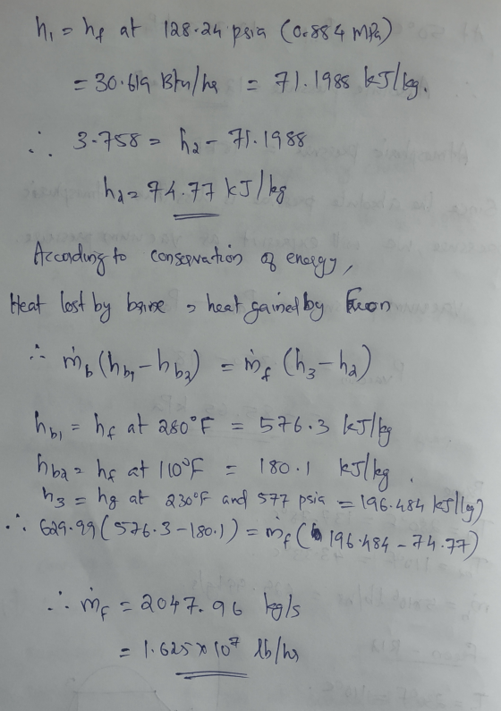 on his he at 128-24 psia (0.884 mph) = 30.619 Bluline = 71.1988 killeg. .: 3-758= har 71.1988 e has 74.77 kJ/kg According to