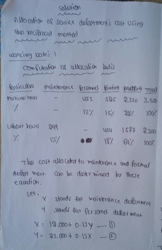 solution Allocation of service departments cost using the reciprocal method a ne muur mu warking Noter I computation of allo