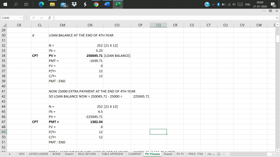 C w ENG 09:09 31-07-2020 99+ 30 Х CQ49 . CK CL CM CN СО CP СО CR CS СТ CU CV CW C4 29 d LOAN BALANCE AT THE END OF 4TH YEAR 3