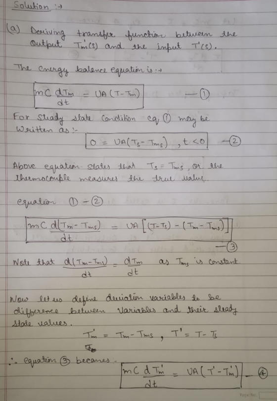 Solution » (a) Deriving transfer function between the Output Timils) and the input I(s). energy balance equation is :- mc dl
