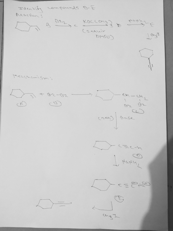 Identify compounds B-E Reaction : KOccanz) Cacauir DMSO) I chy? Meachanismi 2 + 132-132 - - ch - ch, B² B2 J Nanh,