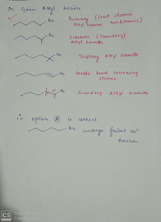 In Geven Alkyl halides Primary Cheast Alkyl bromine - Br sterric hinderence) 2 carbons (secondary) Alkyl bromide Tertiary Alk