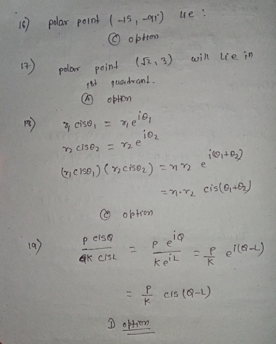 16 polar point 145,-91) 145, -gr) we : © option polar point (12,3) will lie in quadrand. option 17) 18+ A sele, & ciso, - rie