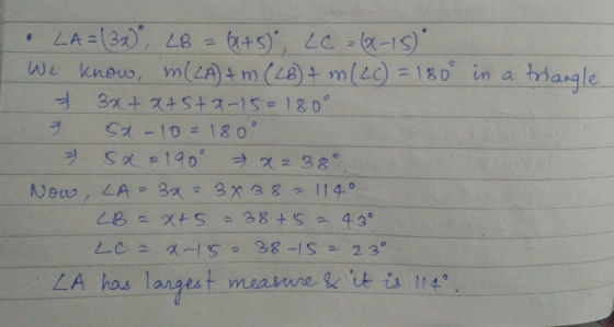 We kneug, m(LA) t m(12)+ mtec) 2180 in a triangle- 。 S1-102 180 LA has largest meavure &t is t4