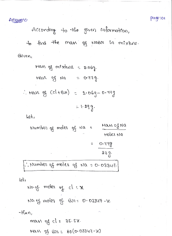 page:01 Arswens According to the to find the mass given information, of nabor in mixture. Givene Man of mixture -2.069. наля