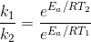 \frac{k_1}{k_2}=\frac{e^{E_a/RT_2}}{e^{E_a/RT_1}}