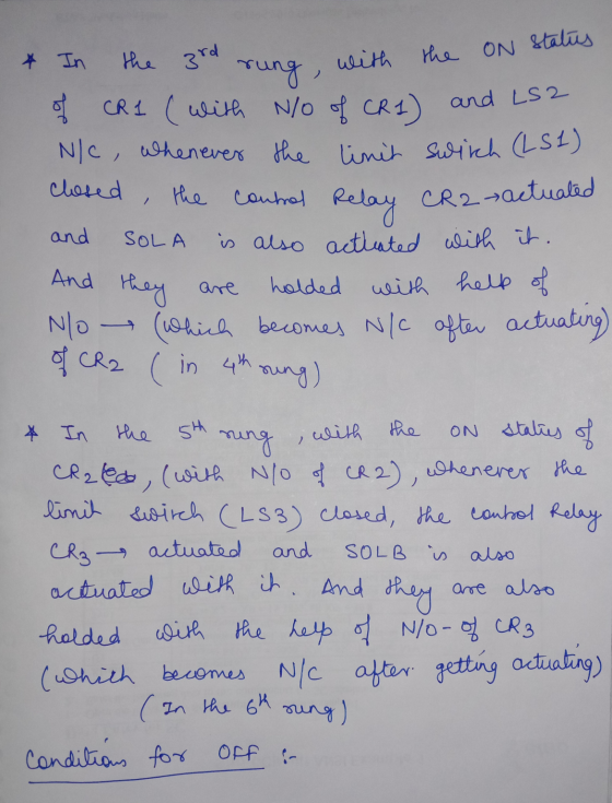 In with the ON Status the 3rd rung, CR 1 (with N/O of CR1) and LS2 N/c, whenever the limit switch (LS1) closed the control Re