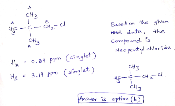 CH3 B H -c- & - Based on the given HAR data, the compound is Neopentyl chloride. Ha = 0.89 ppm (singlet) He = 3.19 ppm (singl
