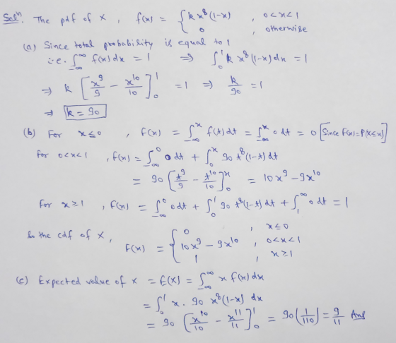 Sch. The 1 pdf of X, fras OCHLI otherwise (a) Since total probability is equal to 1 ic.goo flas dx = 1 (l-ageln >> k=90 no 9