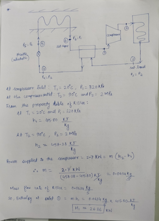 compressor PG=P, 15= P6 Sat. Vapor throttle, (adiabatic) sat liquid P₂ = P2 Py = P2 At compressor inlel : Ti = 20°C, P = 320