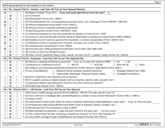 Page 2 Check appropriate box for each question in each section No Unsure Part III- Income - Last Year, Did You (or Your Spous