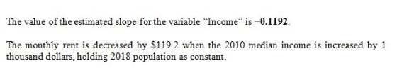 The value ofthe estimated slope for the variable Income is -0.1192. The monthly rent is decreased by S119.2 when the 2010 m