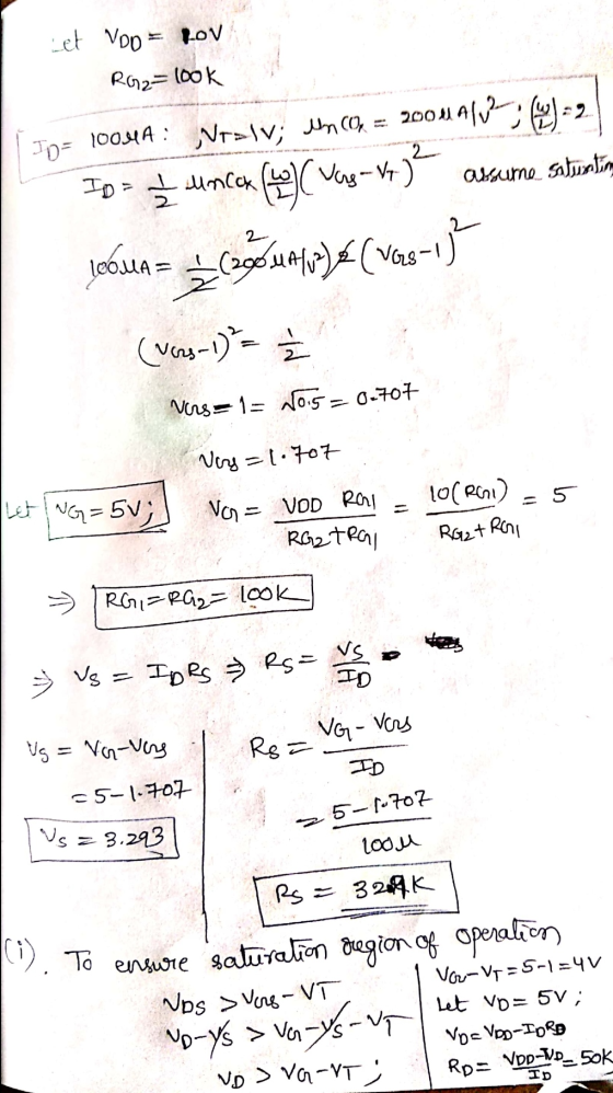 Let Vop = ROV ROz=100k Jp= 1001A : Nr>lv; UmcOh = ID= t llmcck Vag-Vr absume satusatim Jobsta = LCu)< (Vas-1 (vas-1)= Vers=1