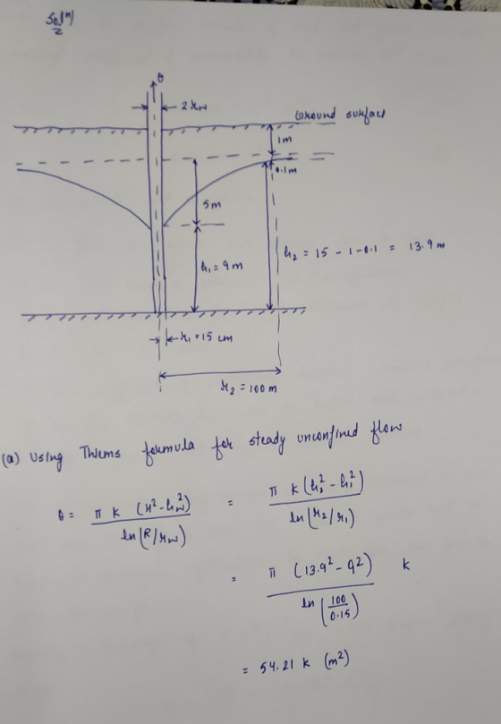 Ground surface = 15 -|-0.1 = 13.9 m 4,9m ikk, 15 cm 42 5100 m (1) Using Thiems fermula for steady unconfined flow = Tk (H2-42