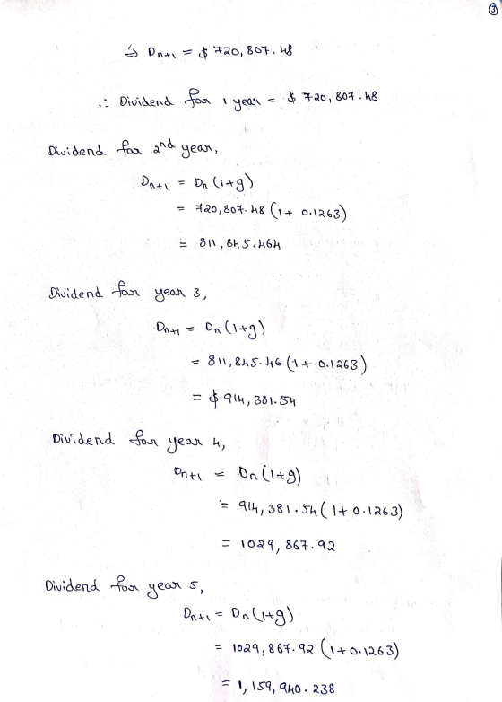 * Dnti = $720, 807.48 4 · Dividend four year = $ 720, 807.48 Dividend for and year, Ont i = Da litg) = 420,807.48 (1+ 0.1263)