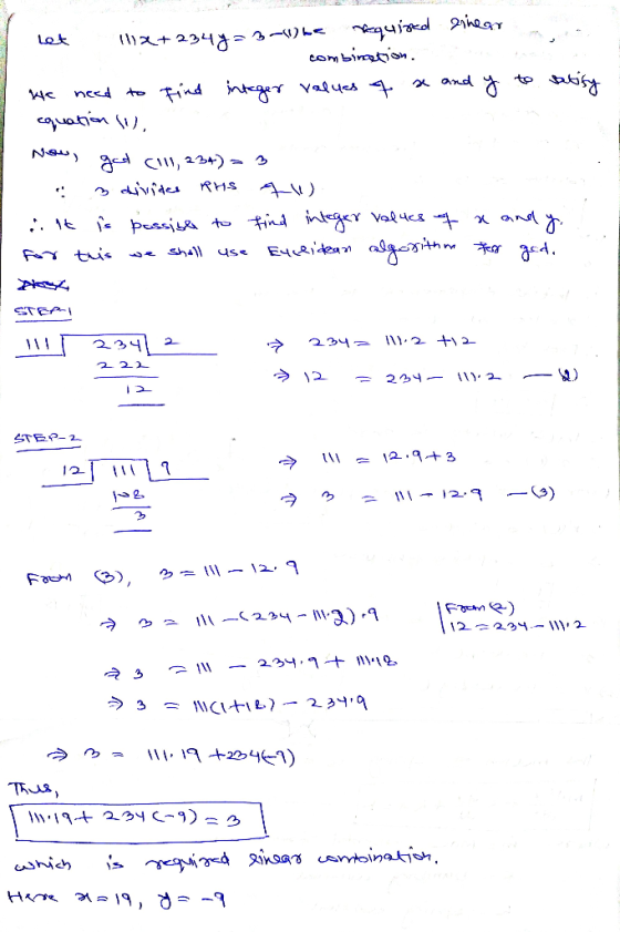 required linear - lla+2344= 3-1) he - combination. we need to find integer values 4 se and y to butify equation W. Now, gut C