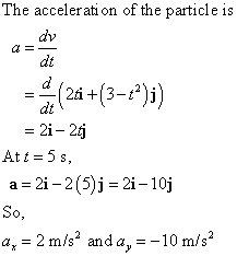 The accelerati on of the particle is av dt Cd dt 2i-2) Att 5 s, a-2i-2(5)j-2i-10j So, a, 2 m/s2 and a,- -10 m/s ATL