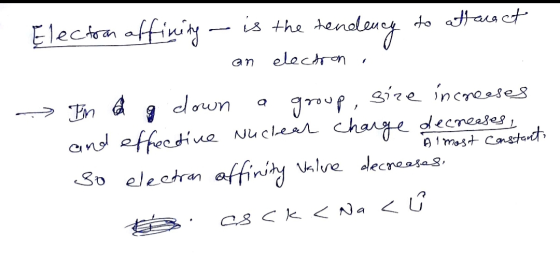 Electrn affin- is the endsng to attausct electron an gire increses dlown nd effectiue Nuclean hange decneeses , Aimast Cnstar