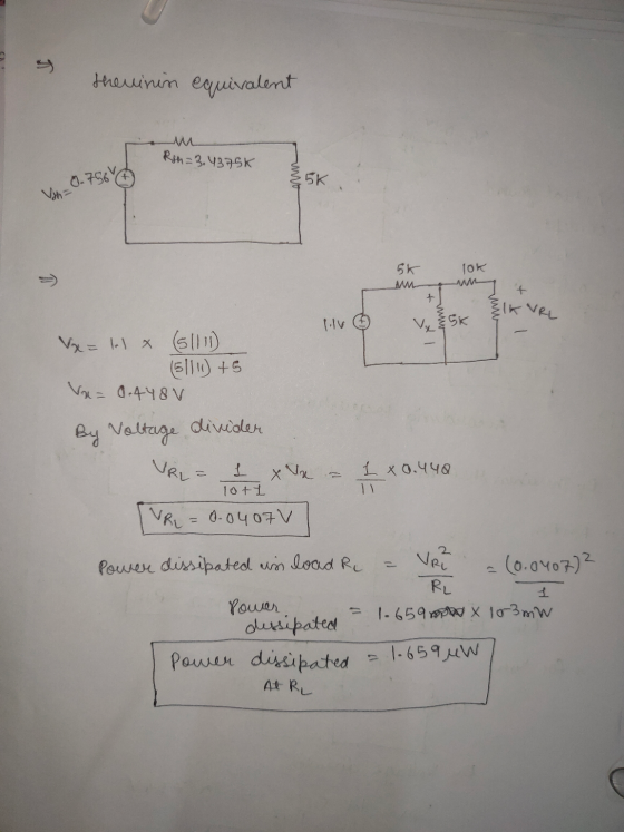 therinin equivalent Rsn=3.4375K V0-7566 for SK M w WRL liv Vx= lex (5/11) (51110 +5 Va=0.448V By Voltage divider VRL= 1 x x =
