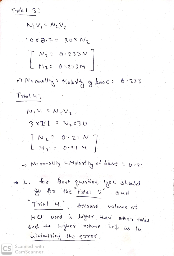 Trial 3: Nivia NzV₂ 10x 9.73 30X NZ I M = 0.233N7 [ M2 = 0+23314 * Normality Molasity og base a 0:233 Trial 4 NIN, a Navz .3x