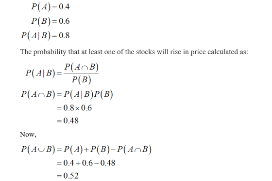 P(A)=0.4 P(B)=0.6 P(A|B)=0.8 The probability that at least one of the stocks will rise in price calculated as: P(AB)- P(ANB)