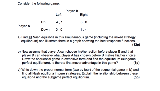 Consider the following game: Player B Left Right Up 4,1 0,0 Player A Down 0,0 1,4 a) Find all Nash equilibria in this simulta