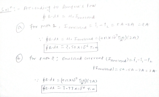 Solna According to Amperes low 6 Bode = Mo Jenclosed for path 1, I enclosed = 1,-12=5A- 3A 2A Bide Ello Lenclosed + (40 x 10
