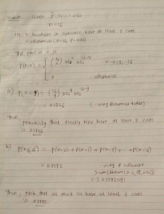 Saluticn, Given pSSu letx: housholds jn Syaacus have at least 2 coas The phf of s 050 0-Su rdbubhily that exadly mne have at least 2 cods Thus, poob. that at mast six have at least 2 cads 0 9212