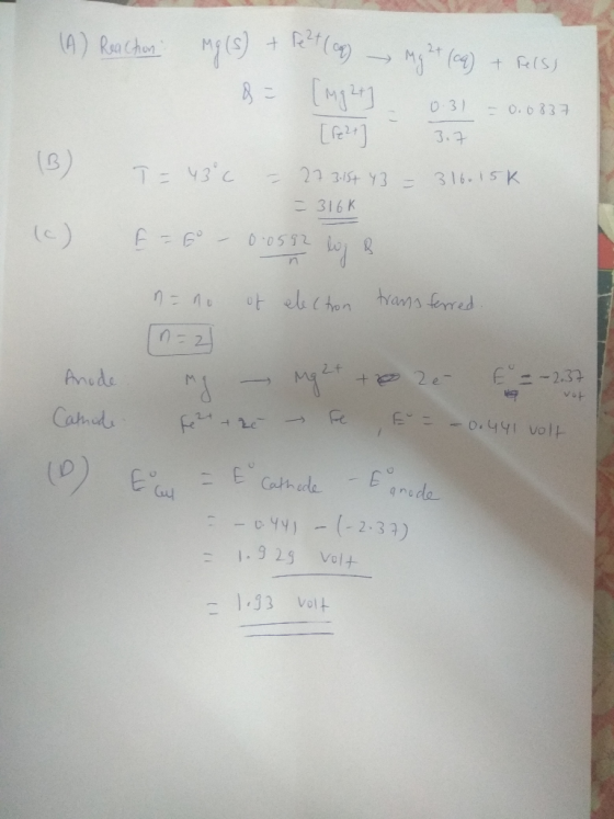 (4) Reachon + 2t + fIS O 3 -o.o837 3.7 22 3-15t 3 = 316.15K T43 316 K () n elechon hans fered E=-2.3 2-f Anude VOp E 0.4YT V