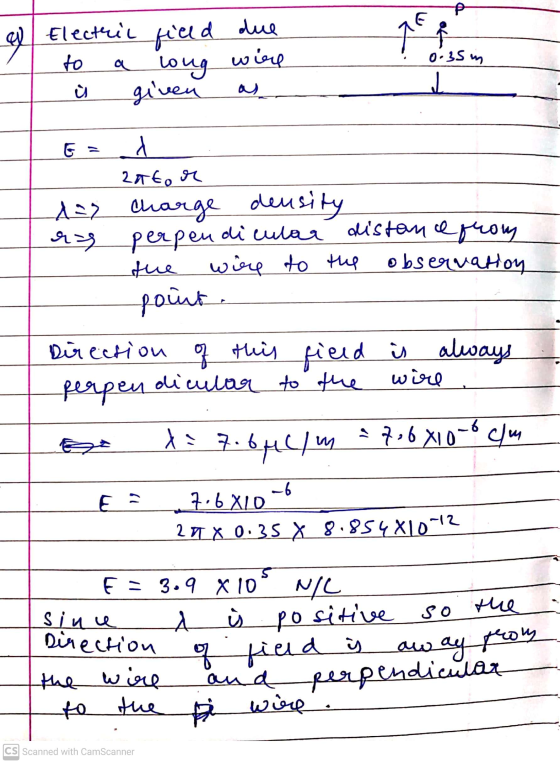due a Electric to field long wire 0.35 m с given zator da charge density r = perpendicular distance from tue where to the obs