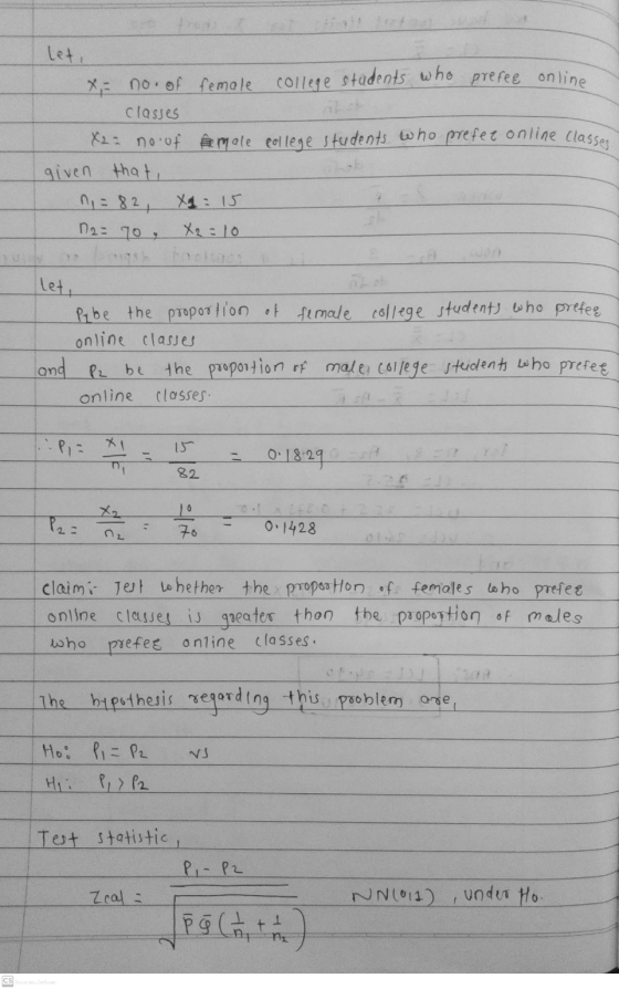 X22 no.of male college students who prefet online classes let, x, no. of female college students who prefee online classes gi