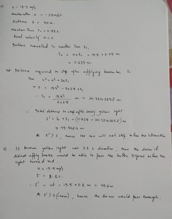 u= 15.5 m/s. deceleration a = - 3.5m/g2 Distance s = 40m. reaction time to = 0.755. final velocity v=0 Dustane travelled in r