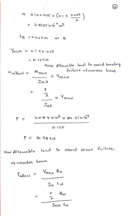 = 0.10.025% (0.1 + 0.025 ) = 2.8125x10 m3 tB = 0.02sm at B. Ymax = 0.1 +0.025 =0:125 m Max Allowable load to avoid bercling a