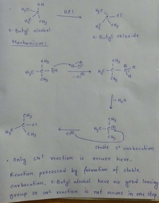 HCl HC OH нас H3 CH₂ t-Butyl alcohol Mechanism: eel HS CHE t-Butyl chloride CH₃ Нас - - ён H₃C -C- oH - CH₃ 1-H₂O CH3 CH₃ -