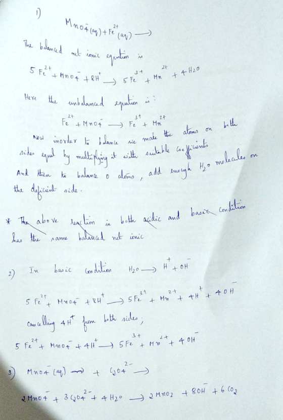 D Mnoa (aq) + Fe (aq) - The balanced met ionic equation is 5 Ft + MnO4 +BH - 5te + + 4H2O 5 Fe + Mn Here the unbalanced equat