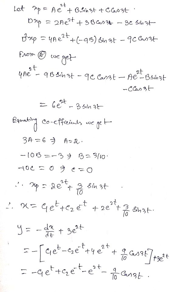 at Lot 3p = A e + B.Sin3t + Claszt Dup to Bears 34 Be Sint - 2ne2t Boup = 4A e = YA e 27 +(-9B) Sin3t - qc Canist cue 4 ne²t