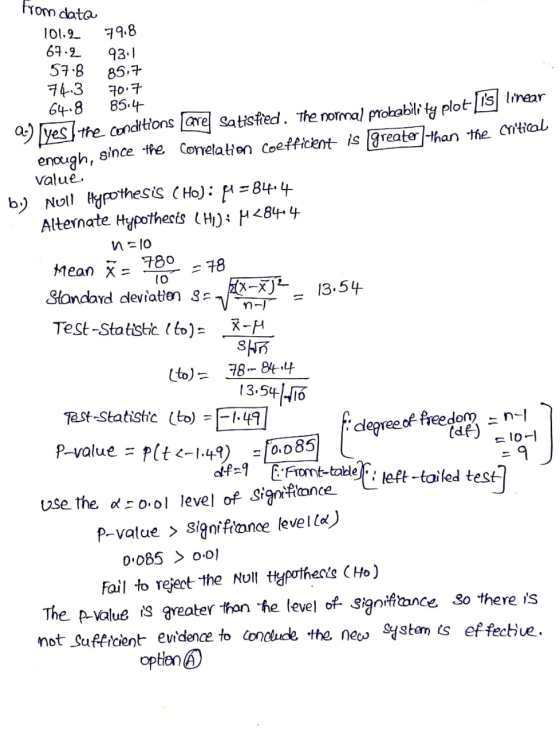 from data 10 101.2 79.8 67.2 93.1 57.8 85.7 74.3 70.7 64.8 85.4. 2.) yes the conditions are satisfied. The normal probability