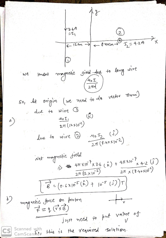 dy Y3.6A CII 2 Х K 12am 8 40cm 2=4.2A long wire we know magnetic field due to Mol 20d so, At origin (we need to do vector sum