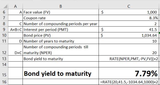 С $ 6 7 8 9 10 11 A B A Face value (FV) Coupon rate Number of compounding periods per year AxB:C Interest per period (PMT) Bo