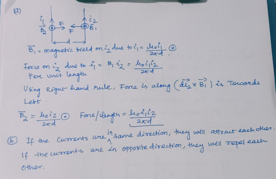 Biz magnetic vield on iz due to c = choll is due to ej = B, iz = bociez Per unit length Using Right hand rule, Force is along